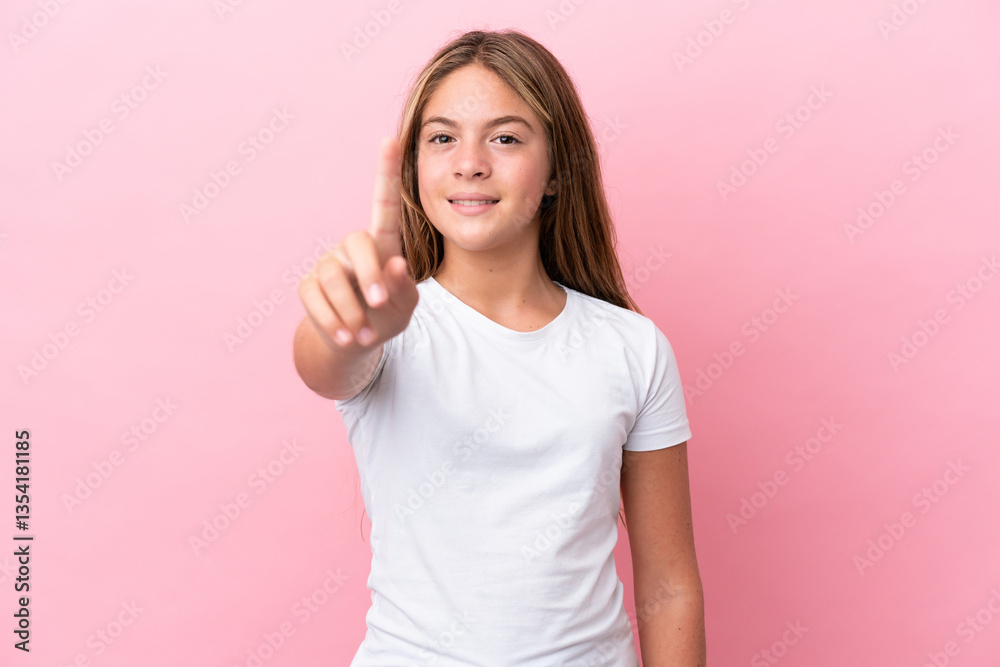 Little caucasian girl isolated on pink background showing and lifting a finger Little caucasian girl isolated on pink background showing and lifting a finger