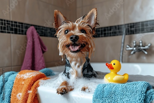 A small wet dog smiling while bathing in a tub