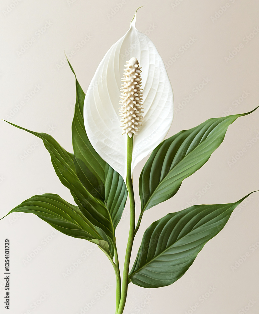 Obraz premium White peace lily with green leaves on neutral background