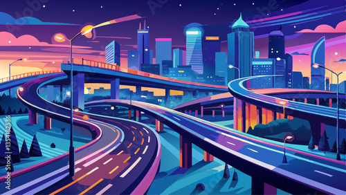 Highway overpass motion blur with city background .night scene