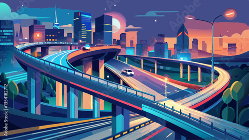 Highway overpass motion blur with city background .night scene