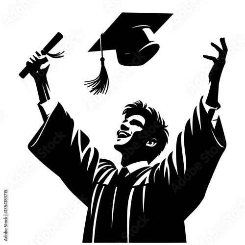 a young man in a graduation gown raises his arms in a celebratory gesture and a graduation cap flutters above his head