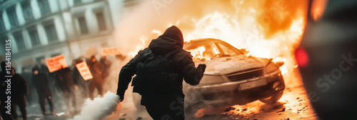 Urban riot at night. Protesters clash with riot police on a city street engulfed in fire and smoke. A burning car, flames, silhouettes of demonstrators. Civil unrest, political protest, demonstrations