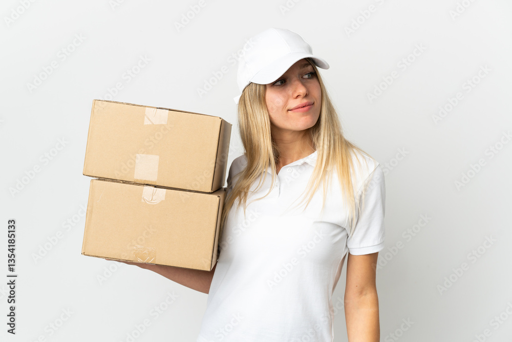 ¬°Young delivery woman isolated on white background . Portrait ¬°Young delivery woman isolated on white background . Portrait