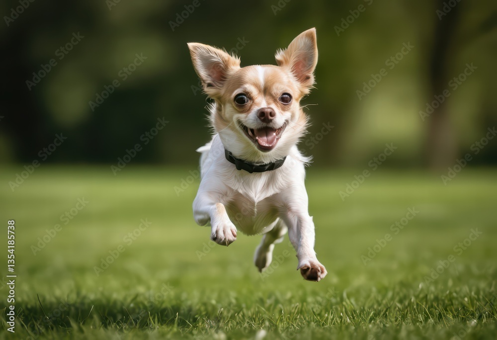 chihuahua dog running on green grass of a public park, adorable purebreed pet playing outdoors in the meadown, doggy in the nature under a blue sky and a beautiful sunny day