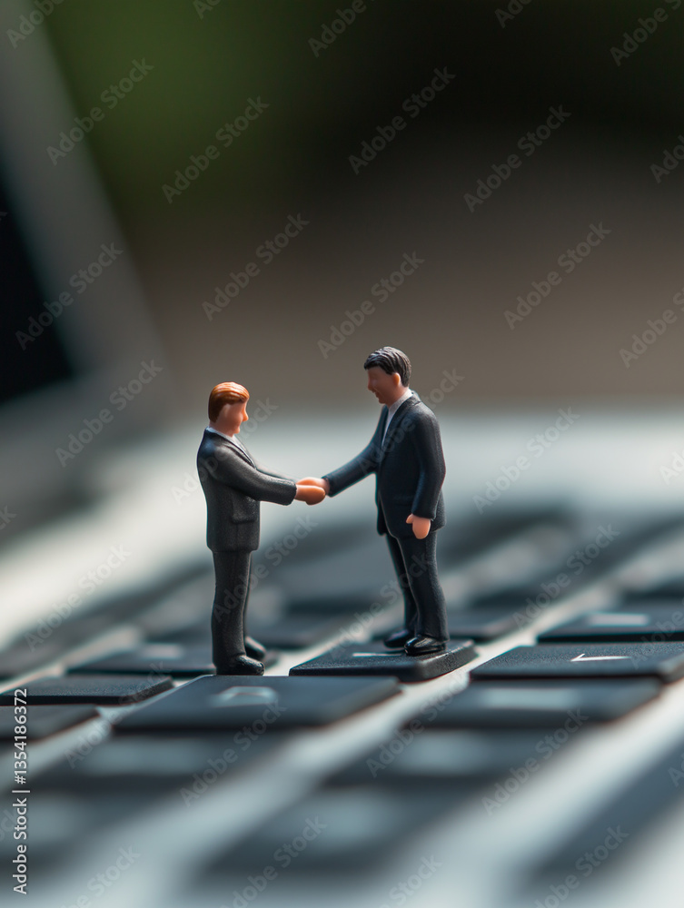 Business Agreement Between Miniature Figures on a Keyboard in a Creative Office Setting Business Agreement Between Miniature Figures on a Keyboard in a Creative Office Setting