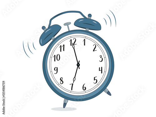 Illustration of a classic mechanical alarm clock with two bells and a hammer clangin. The clock face shows 7:00 AM, with motion lines indicating the ringing effect. Simple design on a white background