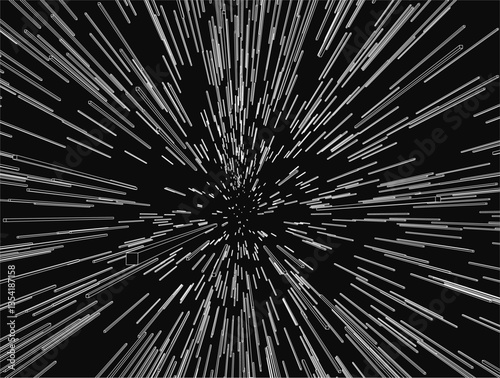 A black and white of a starburst with many white lines. The starburst is of a space scene