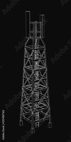 A tall tower with a lot of wires and metal bars. The tower is black and white