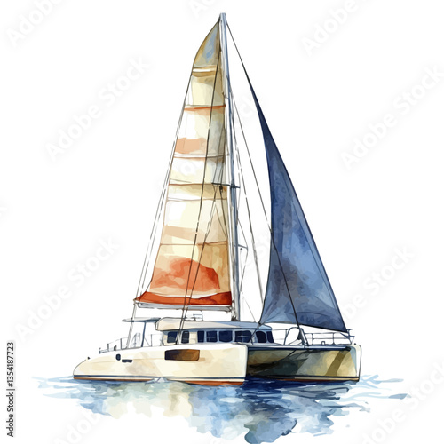 watercolor of A Catamaran Sailboat, vector high quality, isolated on a white background.