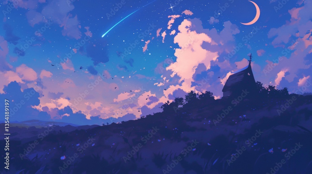 a little house with night sky and cloud and the star a little house with night sky and cloud and the star