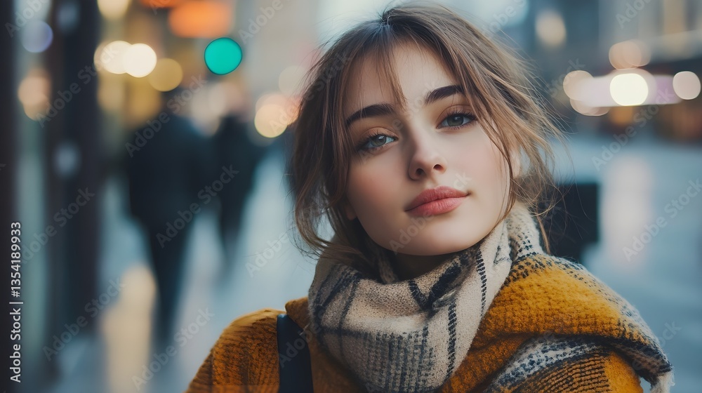 Fototapeta premium City Chic: Captivating portrait of a stylish woman amidst the vibrant city scene. Embracing a moment of urban elegance, her gaze draws you into a world of effortless style.
