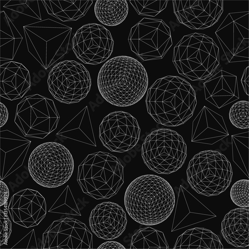 A black and white image of many different shaped spheres. The spheres are all different sizes and are scattered throughout the image. Scene is one of chaos and disorder