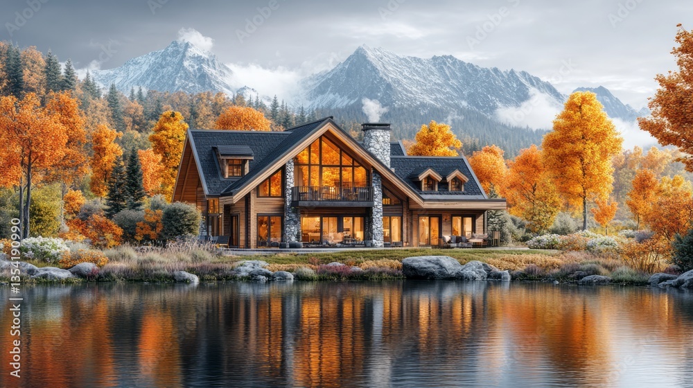 Fototapeta premium Beautiful log cabin sits beside a tranquil lake in autumn