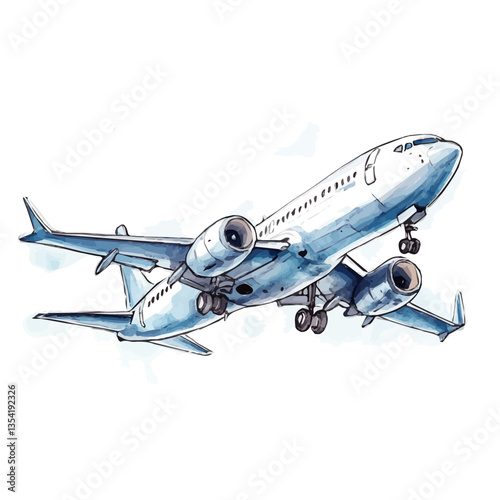 A Commercial Jet, watercolor illustration vector, high quality, isolated on a white background.