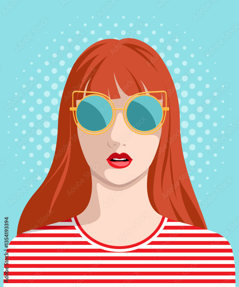 1547_Beautiful redhead woman wearing fashionable golden sunglasses and striped T-shirt 1547_Beautiful redhead woman wearing fashionable golden sunglasses and striped T-shirt