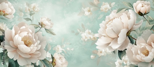 A delicate mural featuring peony flowers in soft mint color, set against a light floral background. The intricate details of the flowers make the design both  
