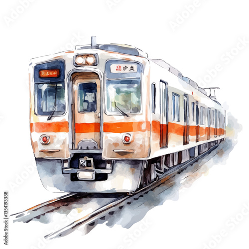 A Commuter Train, watercolor clipart vector, high quality, isolated on a white background.