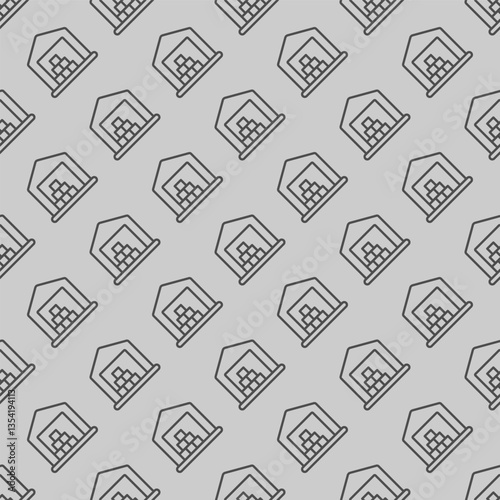 Marine warehouse line seamless pattern, marine port theme. Vector graphics. Warehouse building with boxes, delivery service sign with background, repeat line icon.