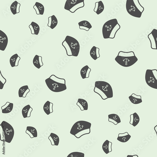 Captain cap with anchor solid seamless pattern, marine port theme. Vector graphics. Commander hat, headwear sign background, filled with glyphs icon.