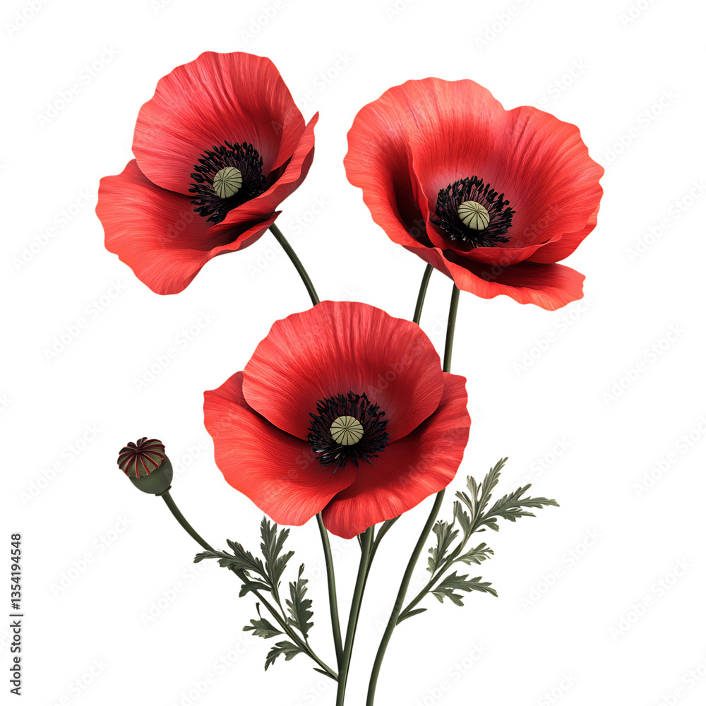 Obraz premium Three Bright Red Poppies Isolated on Transparent Background