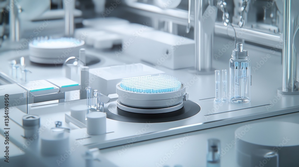 Futuristic lab scene; automated scientific process; sterile white environment; digital bio lab Futuristic lab scene; automated scientific process; sterile white environment; digital bio lab