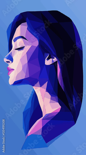 Elegant Low Poly Portrait of a Woman in Blue Tones - Minimalist Vector Art
