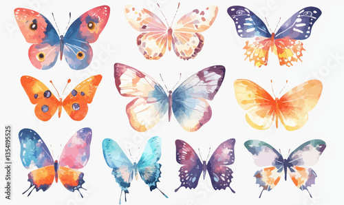 Hand-Painted Watercolor Butterfly Set on White Background: Vibrant Vector Illustration