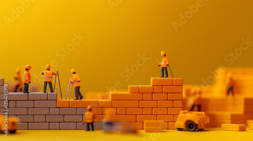 Tiny Worker Figurines Build a Colorful Construction Scene With Vibrant Blocks in a Whimsical Setting