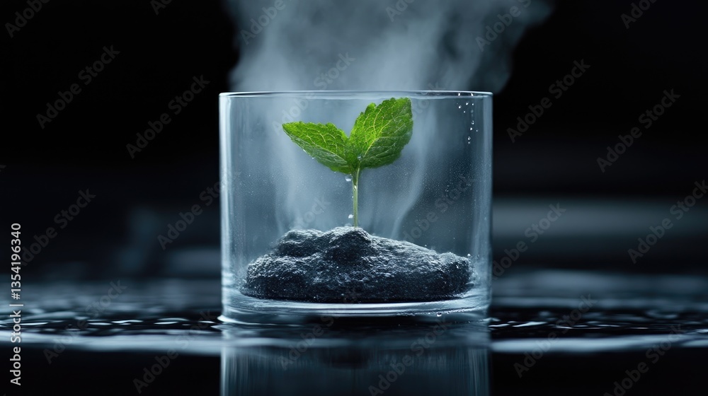A small plant sprouts in a glass container, steaming, over a dark surface A small plant sprouts in a glass container, steaming, over a dark surface