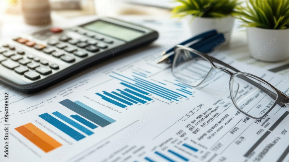 Business documents with charts, graphs, calculator and eyeglasses Business documents with charts, graphs, calculator and eyeglasses