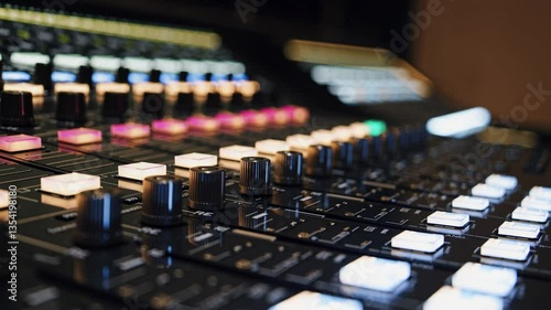 Close-up of a mixing console with colorful lights and knobs, shot at a low angle, conveying a dynamic and modern video production atmosphere.