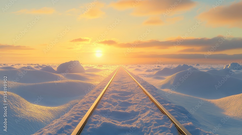 winter sunset railroad tracks leading to horizon