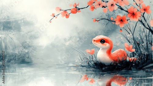 Ink wash painting texture, a cute little snake plush toy, Chinese New Year, festive atmosphere of Spring Festival. 