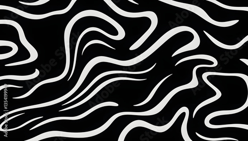 Wavy and swirled brush strokes vector seamless pattern. Bold curved lines and squiggles ornament. Seamless horizontal banner with doodle bold lines. Black and white wallpaper

