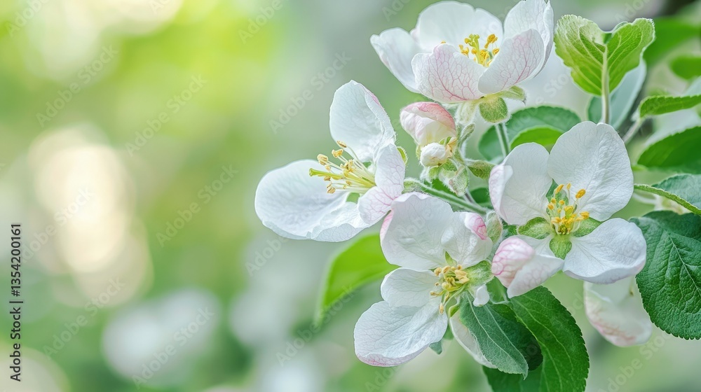 Obraz premium A macro view of apple blossoms with a soft green orchard background.