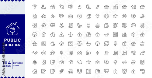 Pixel Perfect Public Utilities outline icons with editable stroke collection. Includes Water, Electricity, Solar House, with Editable stroke.