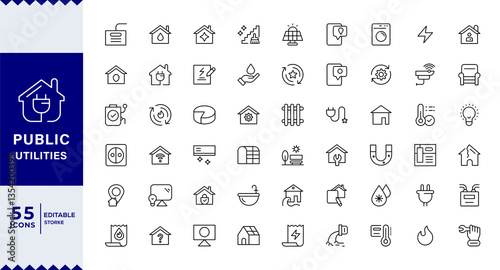 Pixel Perfect Public Utilities outline icons with editable stroke collection. Includes Water, Electricity, Solar House, with Editable stroke.
