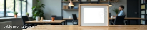 Corporate office setting with blank frame on desk, professional environment, corporate interior, blank frame, desk, environment