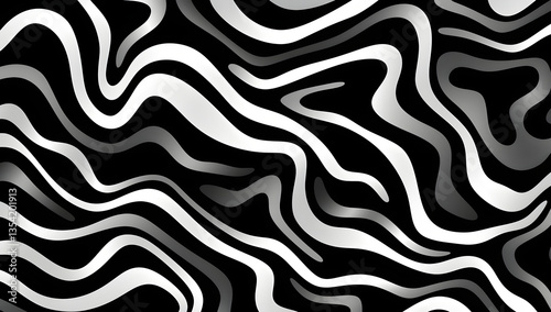 Wavy and swirled brush strokes vector seamless pattern. Bold curved lines and squiggles ornament. Seamless horizontal banner with doodle bold lines. Black and white wallpaper
