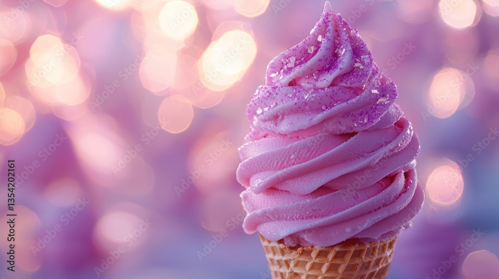 Pink swirl frozen dessert cone, sparkly lights background Pink swirl frozen dessert cone, sparkly lights background