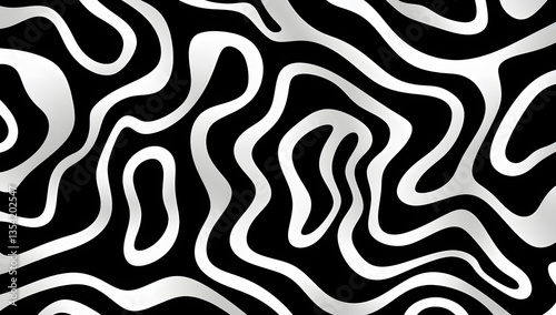 Wavy and swirled brush strokes vector seamless pattern. Bold curved lines and squiggles ornament. Seamless horizontal banner with doodle bold lines. Black and white wallpaper

