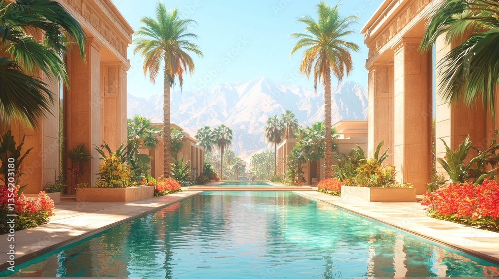 Fototapeta premium Oasis Pool Ancient Architecture, Desert Landscape