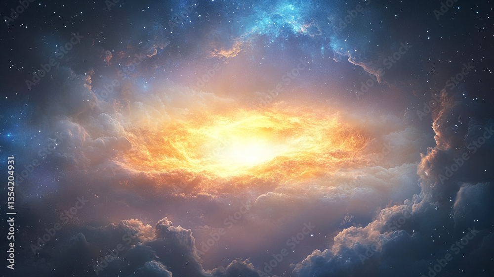 Fototapeta premium Abstract cosmic black hole surrounded by swirling nebulae and radiant energy, depicting a vibrant celestial vortex with glowing accretion disk, gravitational warping, and deep-space mystery in a mesme