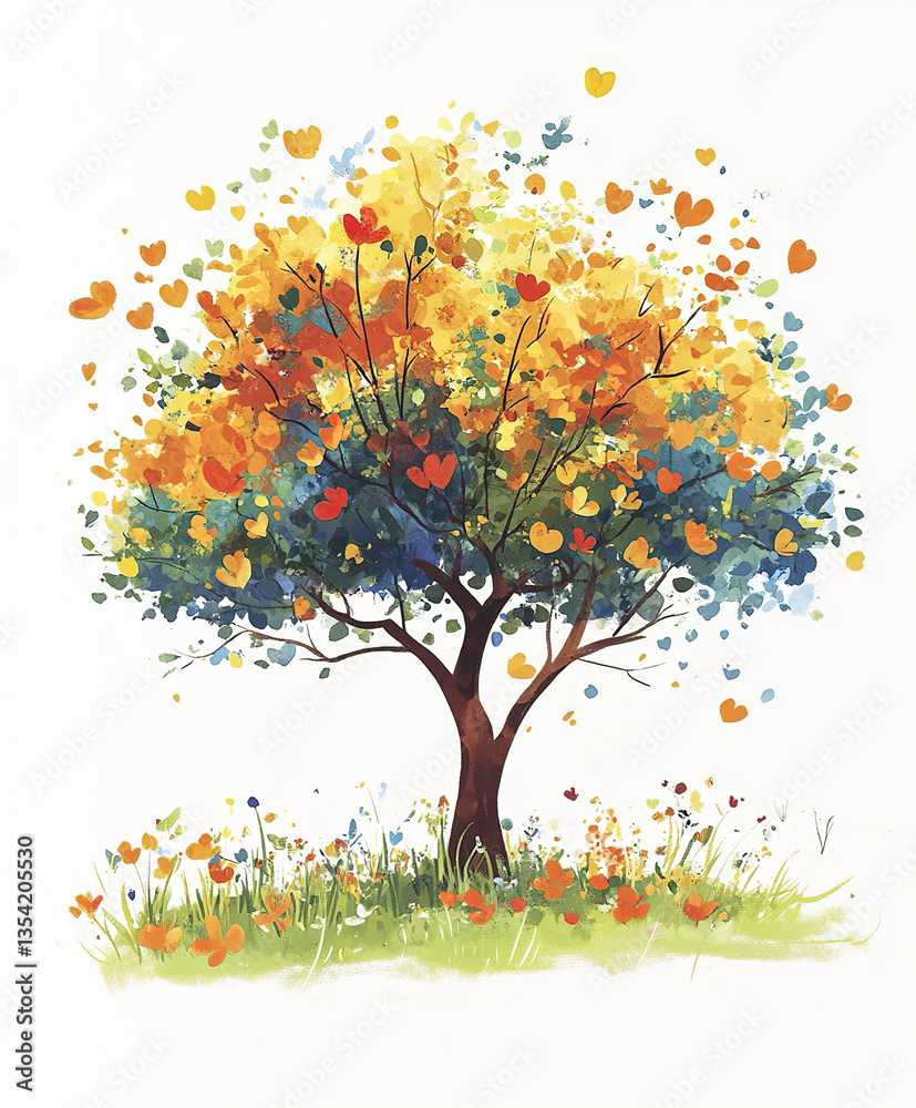 Fototapeta premium Colorful tree with heart shaped leaves on white background