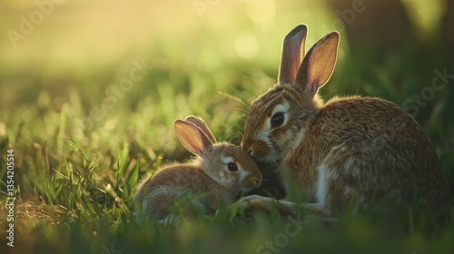A mother rabbit lovingly grooming her baby bunny in a grassy field, with soft lighting. 
