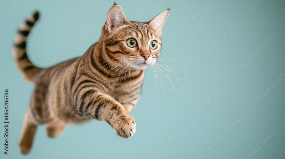 Obraz premium A Bengal cat jumps, showing off its sleek and muscular body. 