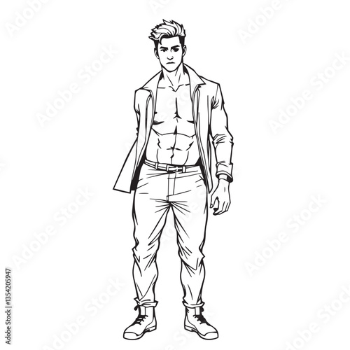 Continuous one black line art drawing male figure man body vector illustration.