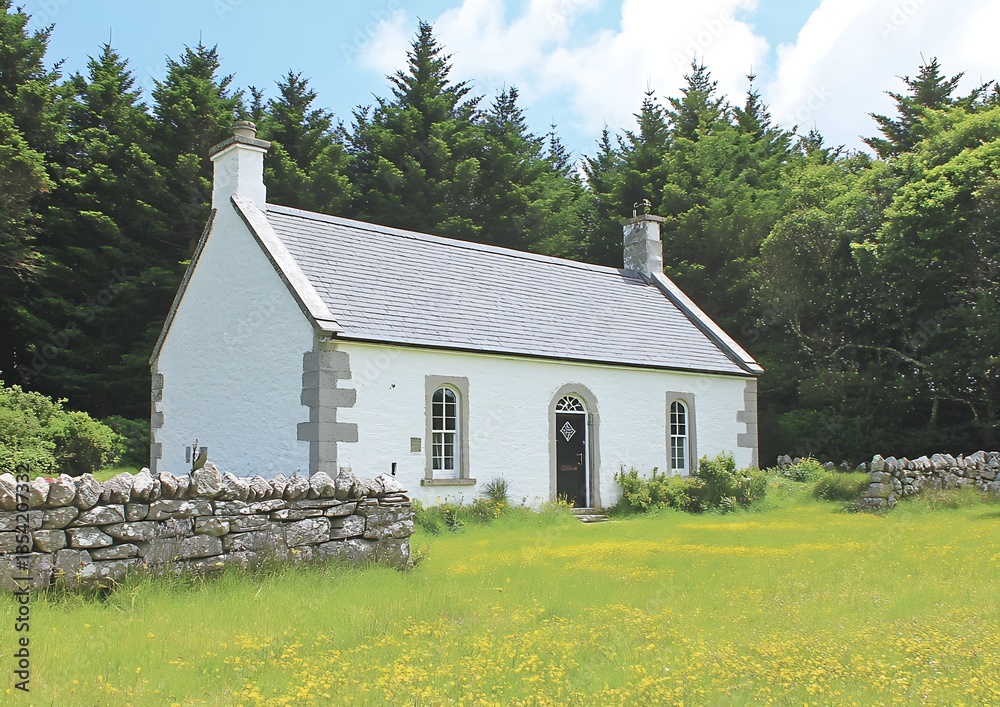 Obraz premium White Cottage Nestled in a Lush Green Field Surrounded by Trees