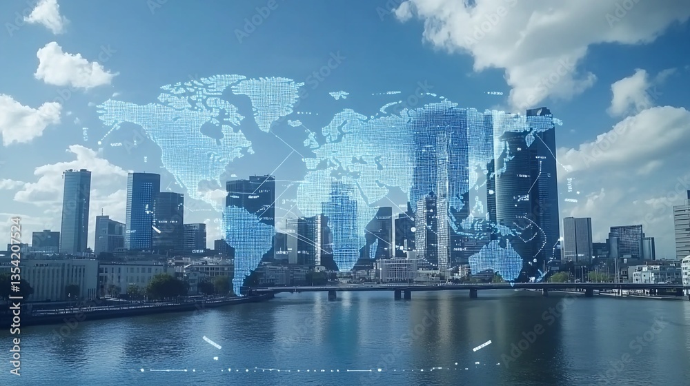 Fototapeta premium Digital World Map Overlay on Cityscape
